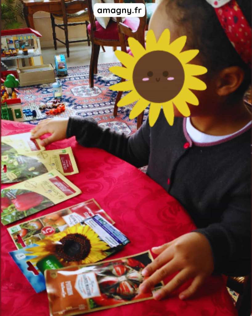 Enfant découvrant des sachets de graines de jardinage sur une table, activité ludique autour du potager.