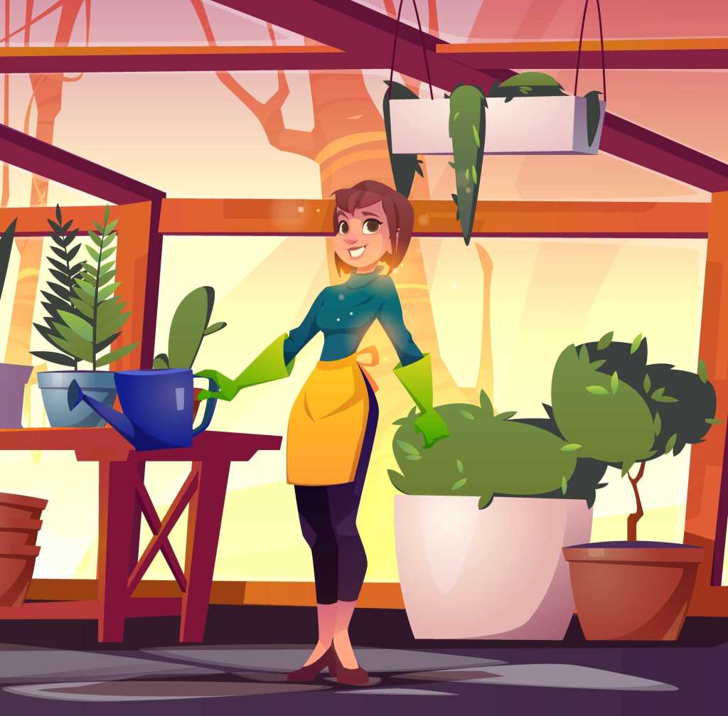 Illustration d’une personne arrosant des plantes dans une serre lumineuse remplie de végétation.