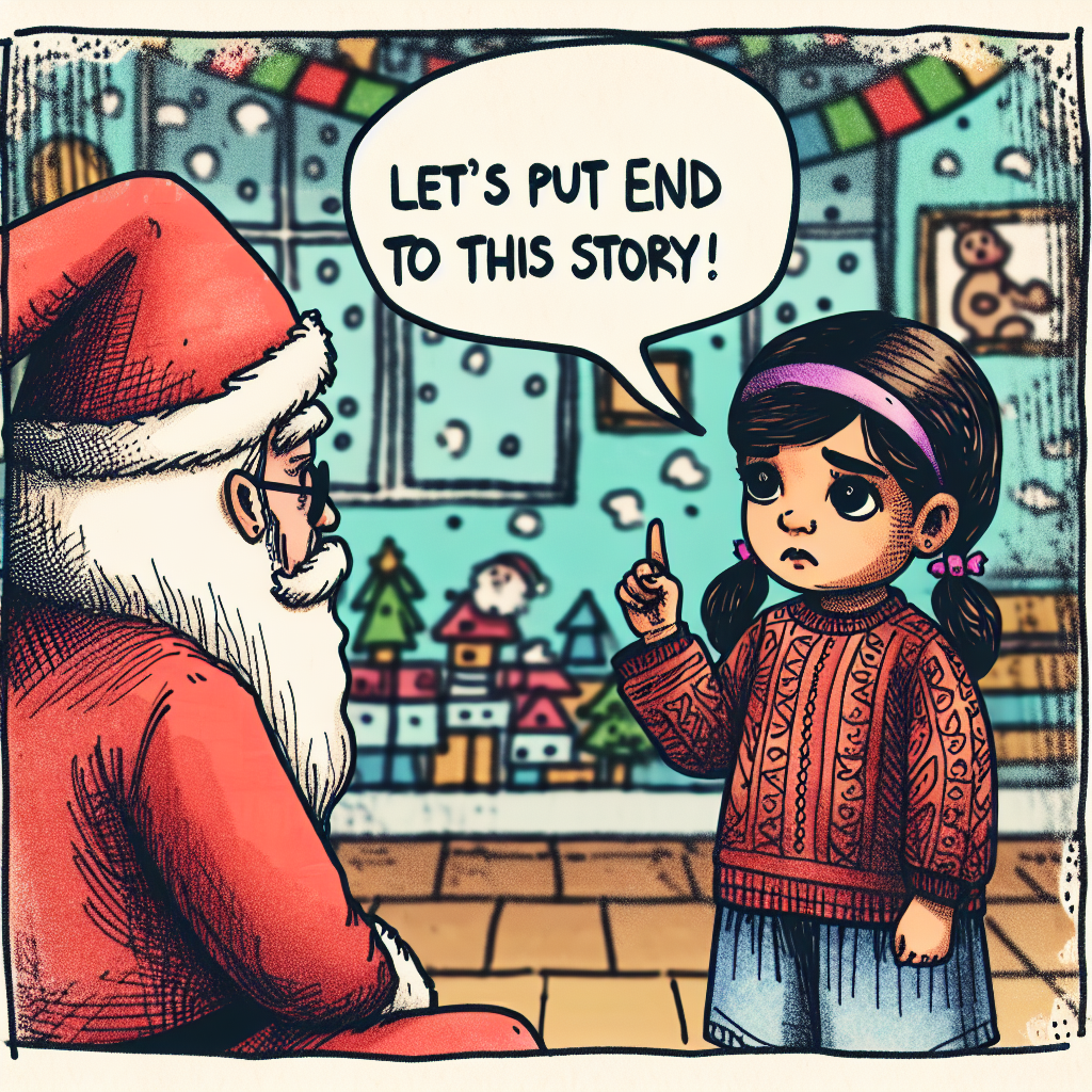 Un enfant sérieux expliquant quelque chose au Père Noël : Une scène imaginaire où l’enfant a l’air de dire "On arrête cette histoire !".