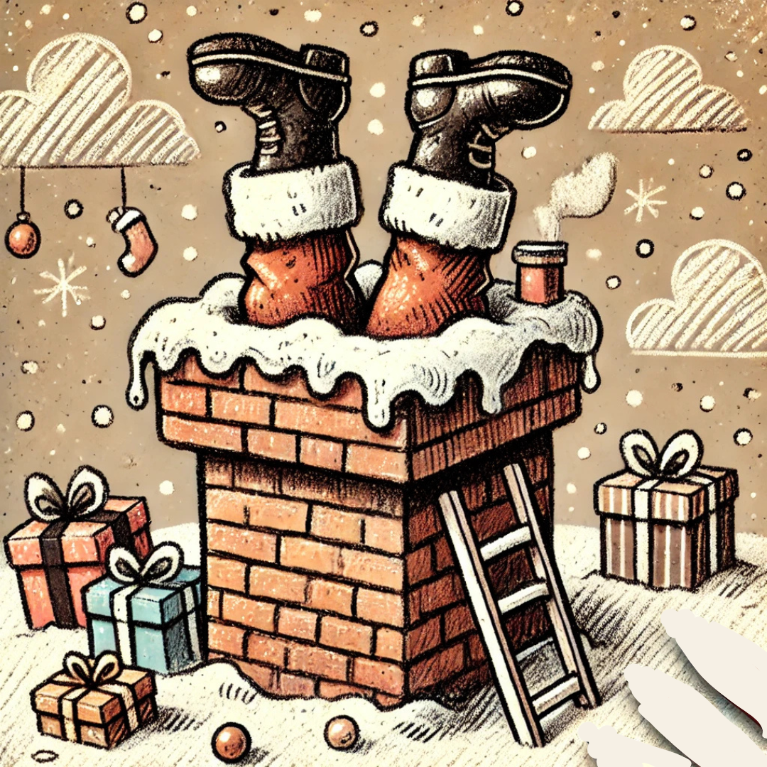 Père Noël coincé dans une cheminée, dans un style crayonné et coloré