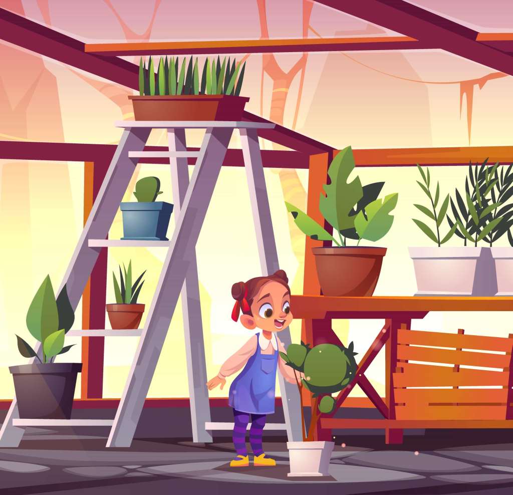 Illustration d’un enfant arrosant une plante dans un intérieur rempli de pots et de verdure.