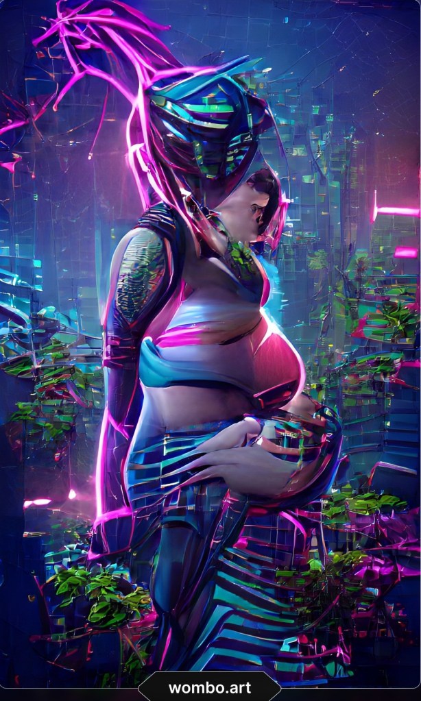 Figure humanoïde cyberpunk aux formes abstraites, entourée de feuillage et de néons, générée par Wombo.art..