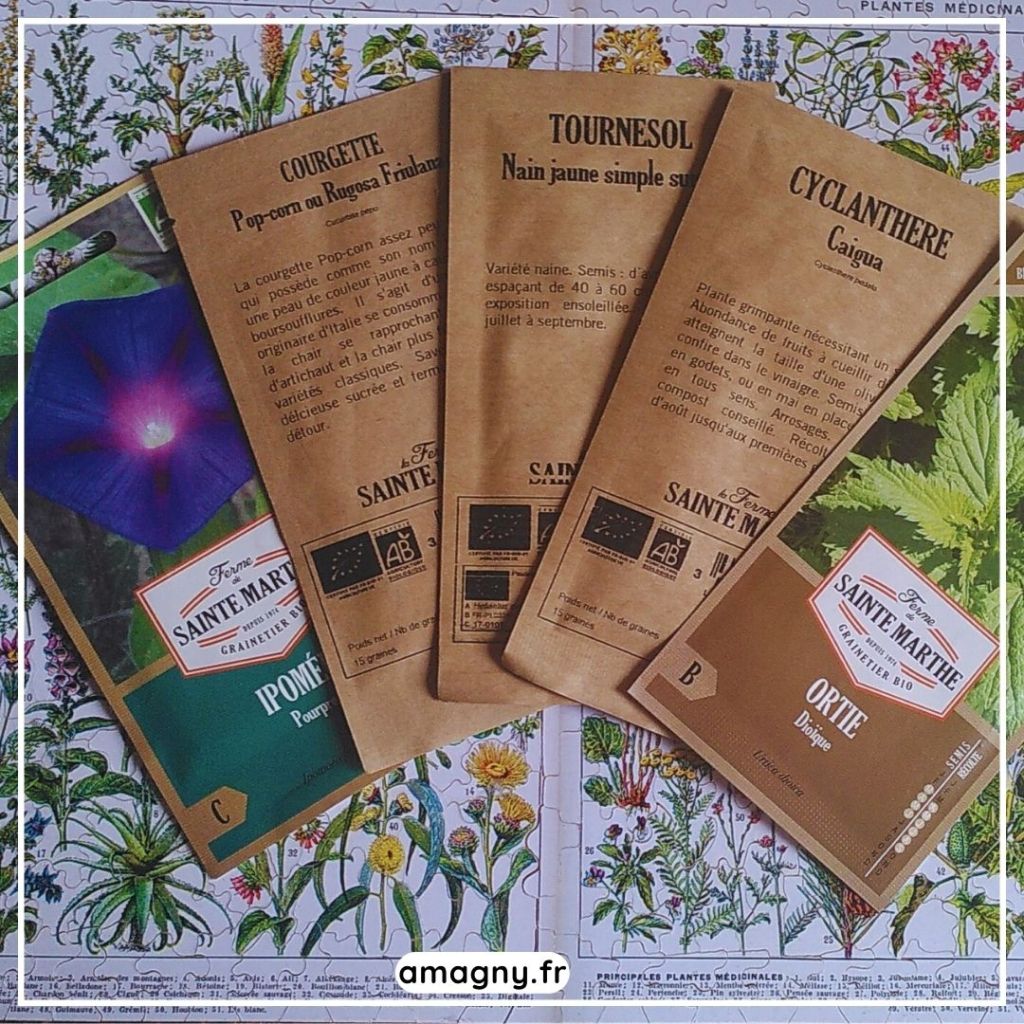 Sachets de graines bio Ferme Sainte Marthe pour jardin potager et fleurs.