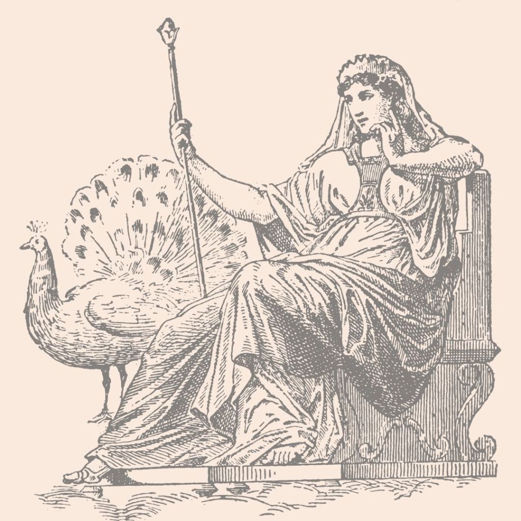 Illustration de la déesse Junon assise sur un trône avec un paon.
