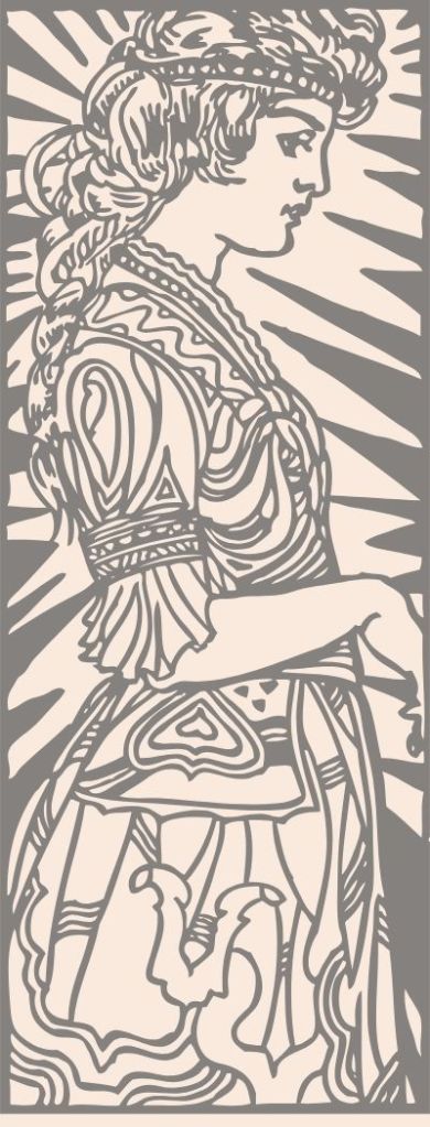 Illustration de la déesse Maïa en style Art nouveau avec motifs détaillés.