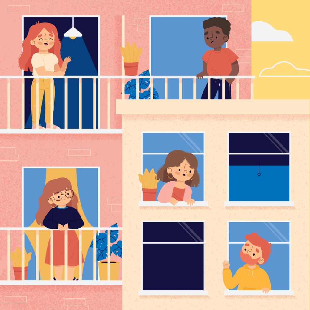 Illustration d’un immeuble où des voisins échangent depuis leurs balcons et fenêtres.