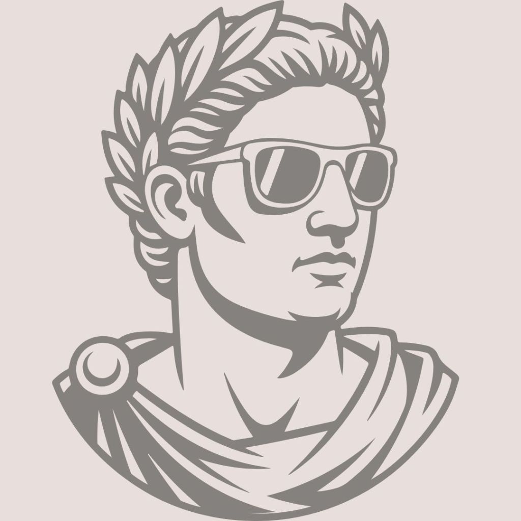 Buste de Jules César avec une couronne de laurier et des lunettes de soleil modernes.