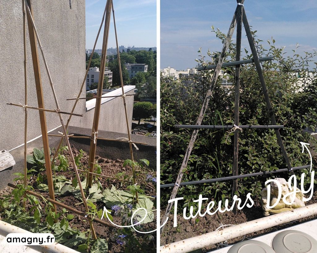 Tuteurs DIY en bambou et bois pour soutenir les plantes au jardin.
