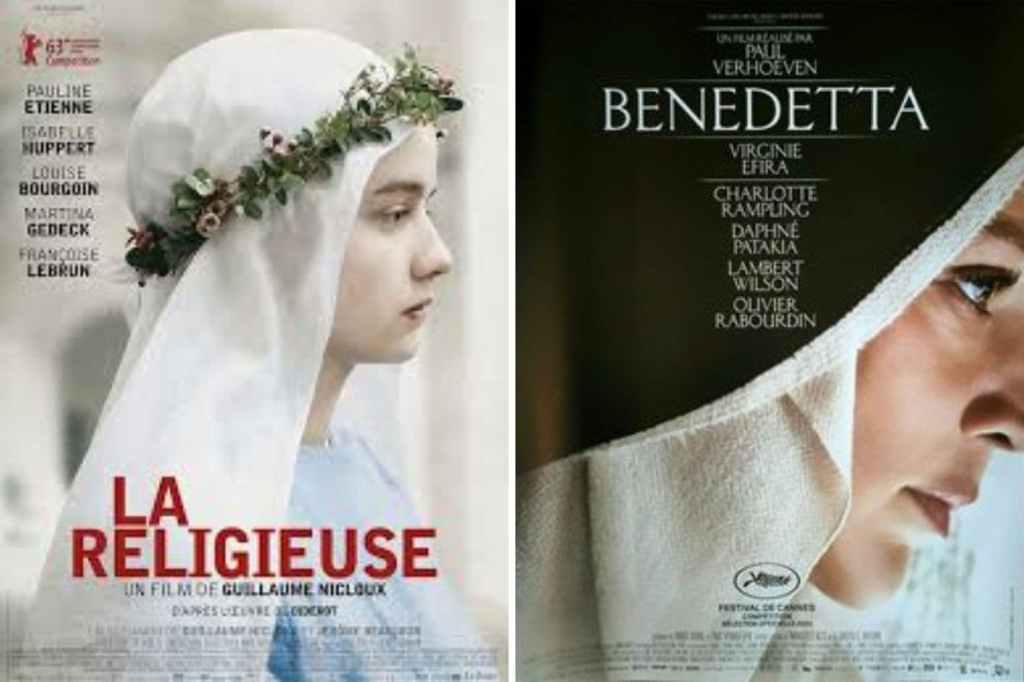 Montage de deux affiches de films représentant des portraits féminins en tenue religieuse.