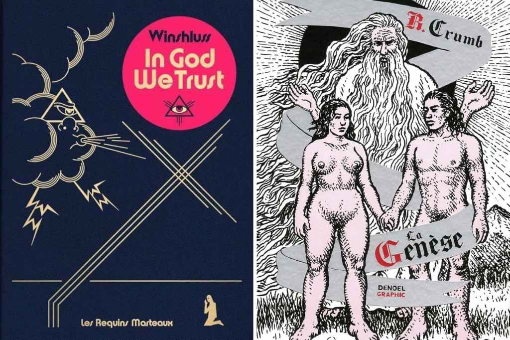 Montage de deux couvertures de livres illustrant des interprétations graphiques de récits religieux.