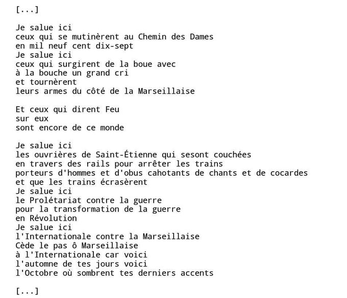 Extrait d’un poème engagé évoquant mutineries, ouvrières et luttes sociales.