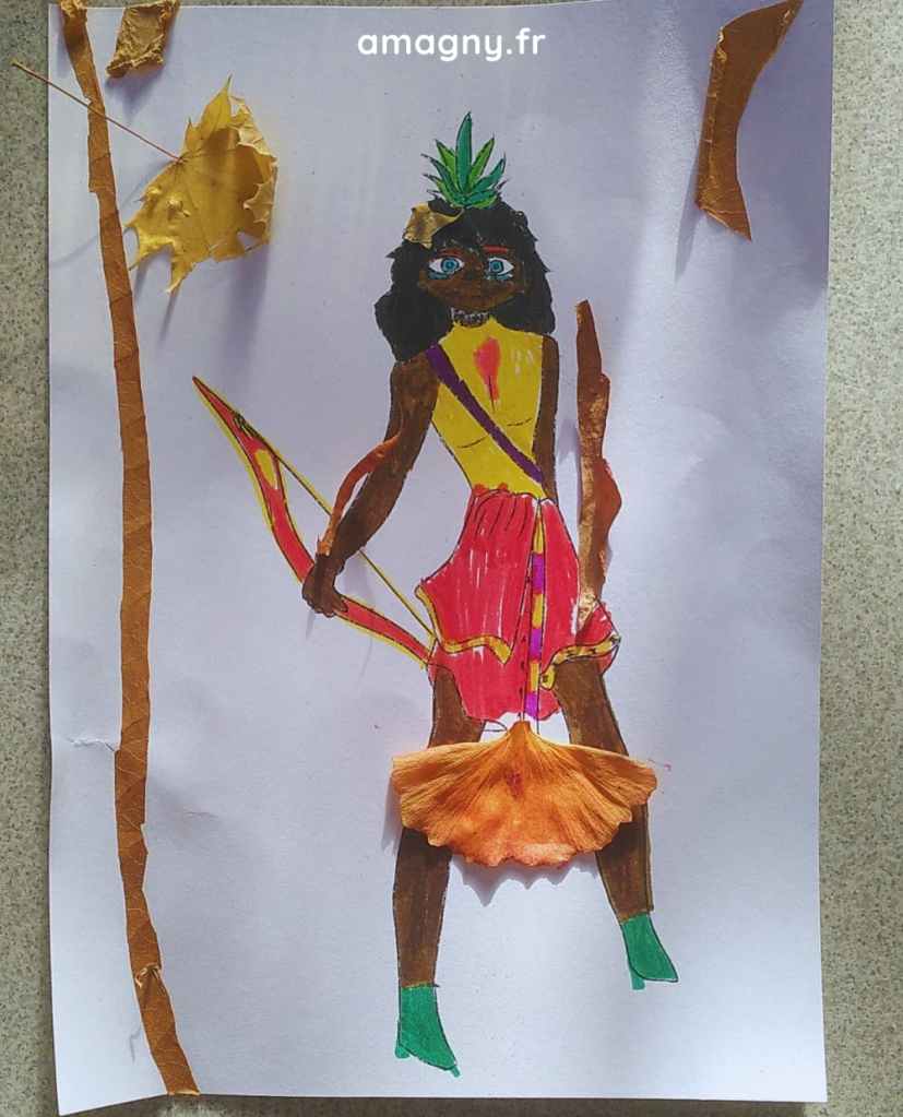Dessin d’un personnage avec arc et flèche, enrichi de feuilles et pétales collés.
