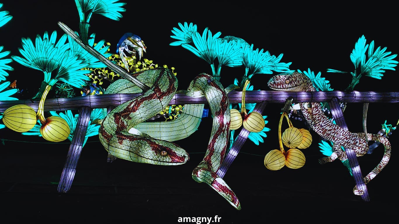 Lanterne lumineuse d’un oiseau préhistorique tenant un poisson au Muséum d’Histoire naturelle de Paris.