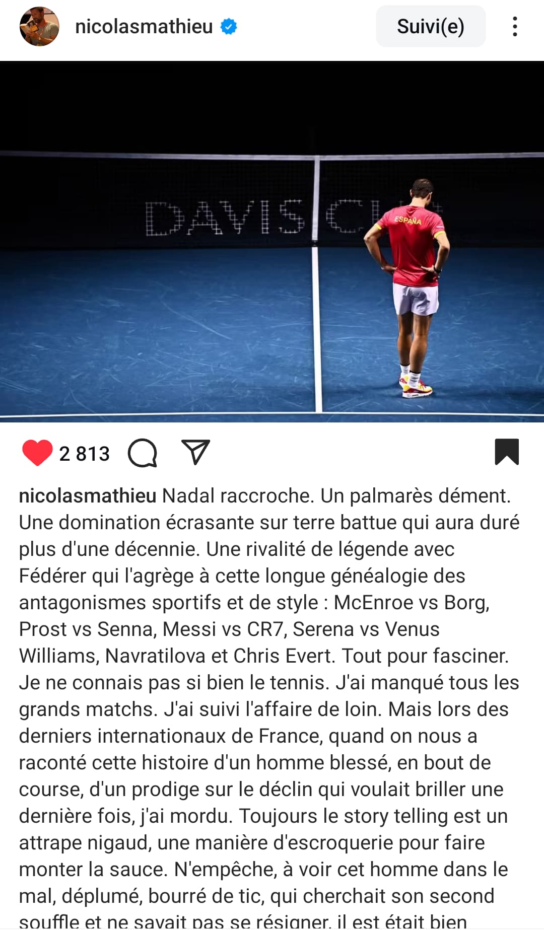 Publication de Nicolas Mathieu évoquant la fin de carrière de Rafael Nadal.