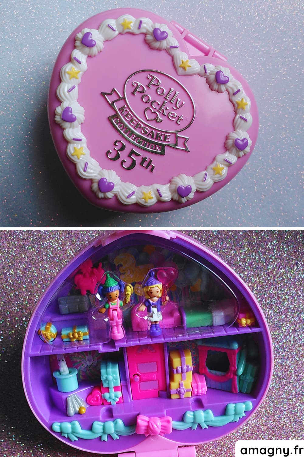 Compact Polly Pocket 35e anniversaire, fermé et ouvert avec miniatures.