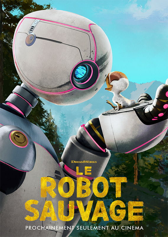 Affiche du film Le Robot Sauvage montrant un robot et un oiseau dans un paysage naturel.