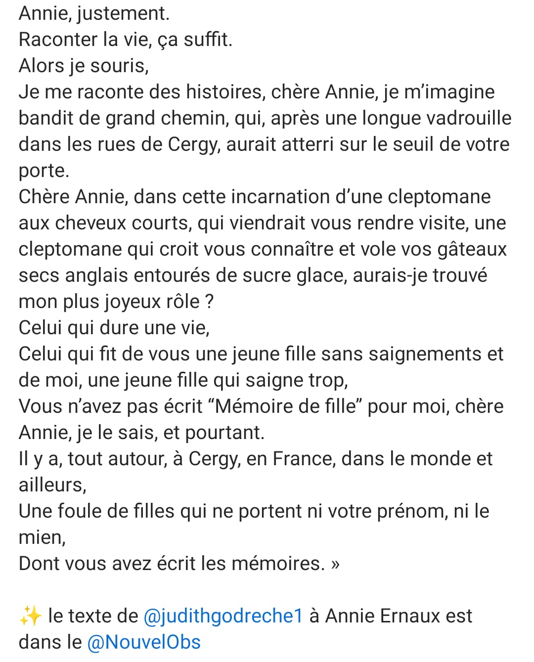 Suite du texte de Judith Godrèche adressé à Annie Ernaux.