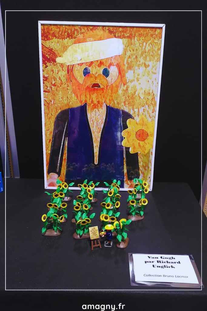 Portrait stylisé de Van Gogh accompagné d’une mise en scène de figurines Playmobil et de tournesols.