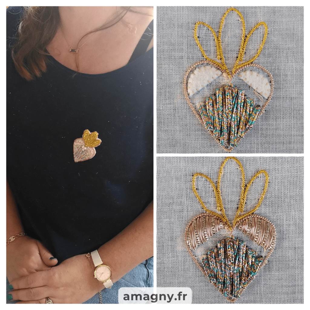 Broche en broderie or. 