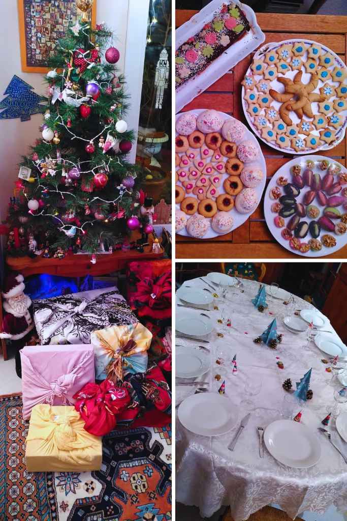 Collage de décorations de Noël avec sapin, gourmandises et table festive.