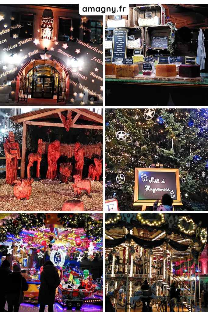 Collage d’images du marché de Noël de Haguenau avec illuminations, stands et décorations.
