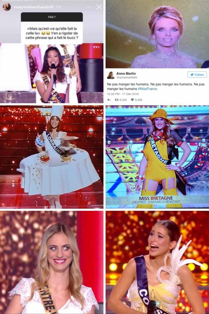 Collage de moments humoristiques et costumes insolites issus du concours Miss France.