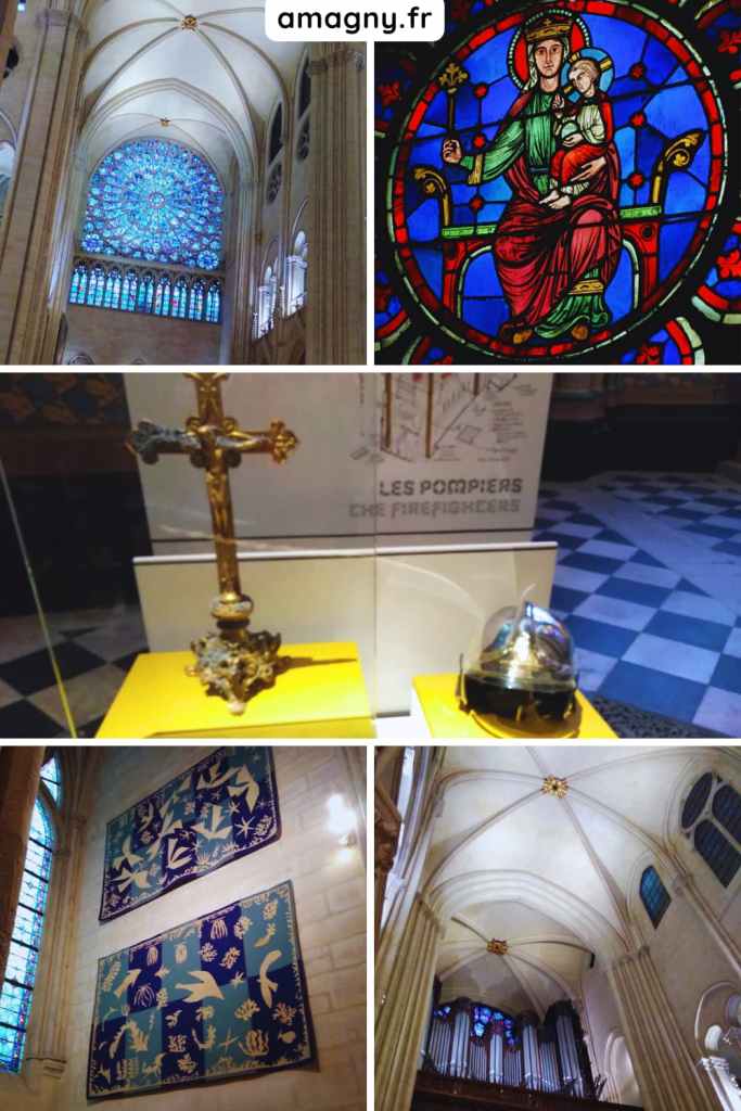 Montage de l’intérieur de Notre-Dame de Paris : rosace bleue, vitrail de la Vierge, trésor liturgique, casque des pompiers et voûtes gothiques.
