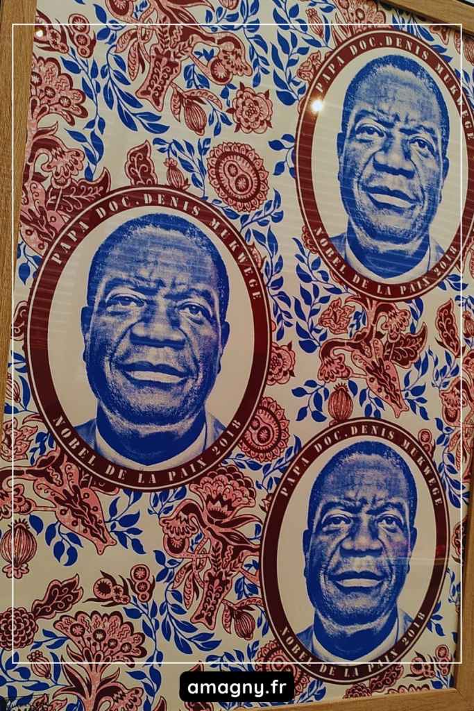 Portrait de Denis Mukwege en motif wax, prix Nobel de la paix 2018.