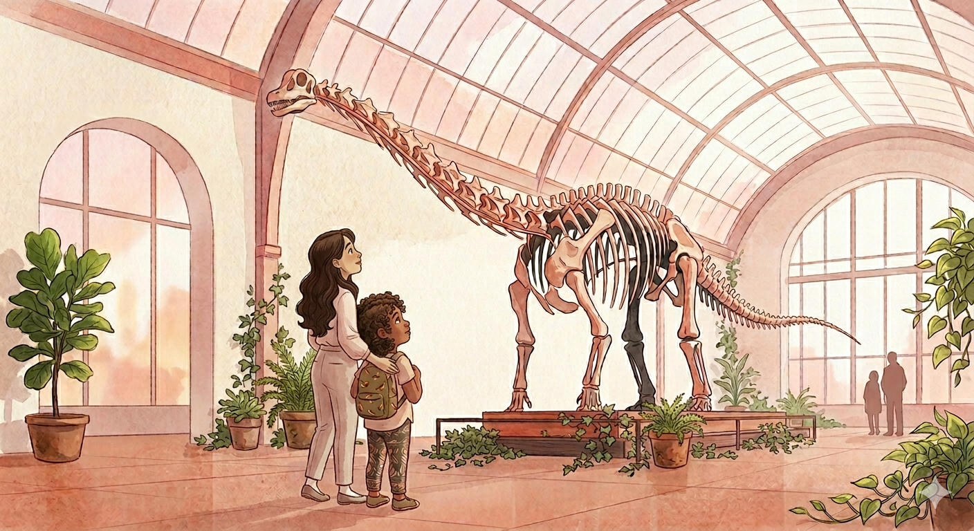 Enfant et sa maman admirant un squelette de dinosaure dans une galerie de paléontologie en région parisienne