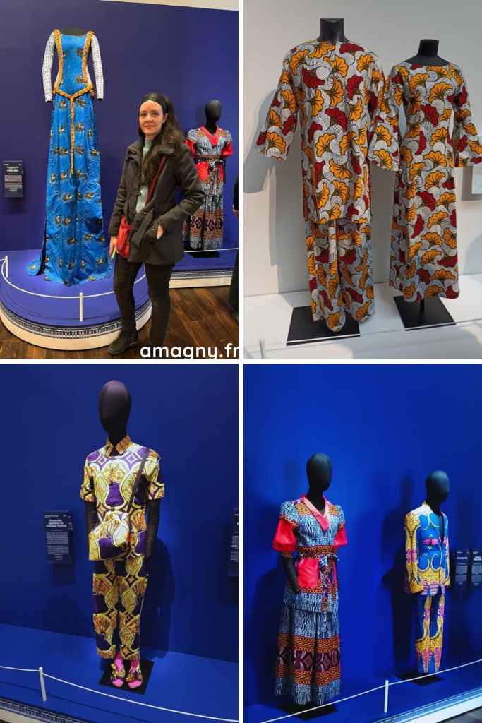 Mannequins vĂȘtus de tenues en wax dans une exposition de mode africaine.