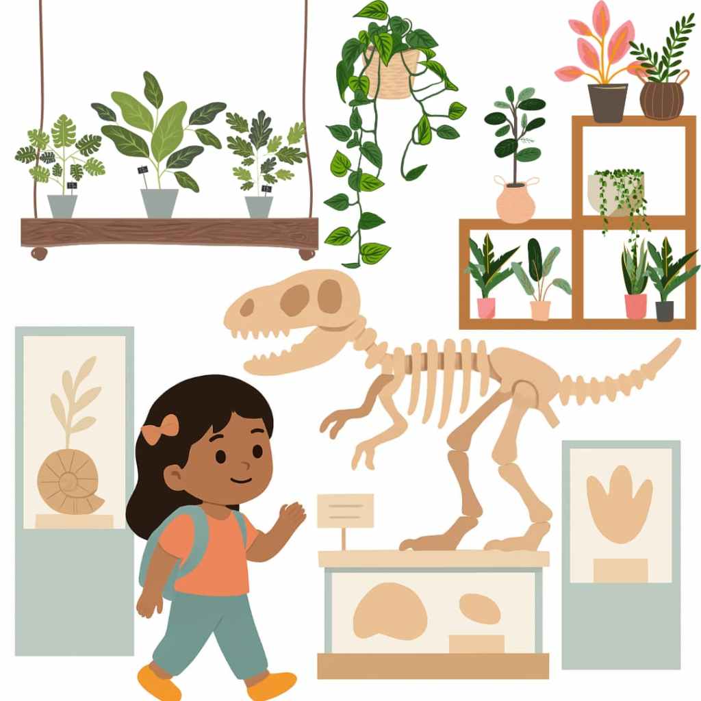 Illustration d’un enfant visitant un musée avec fossiles et plantes.