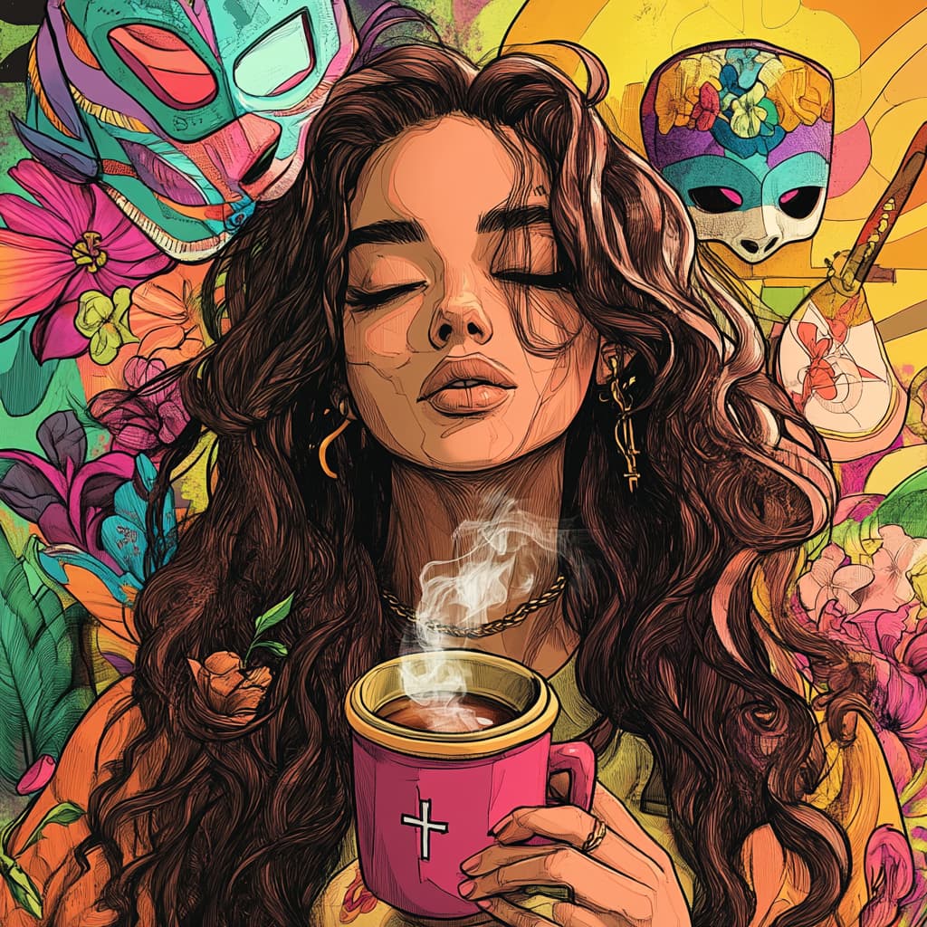 Illustration dâune femme tenant une tasse, entourĂ©e de fleurs et de masques colorĂ©s.