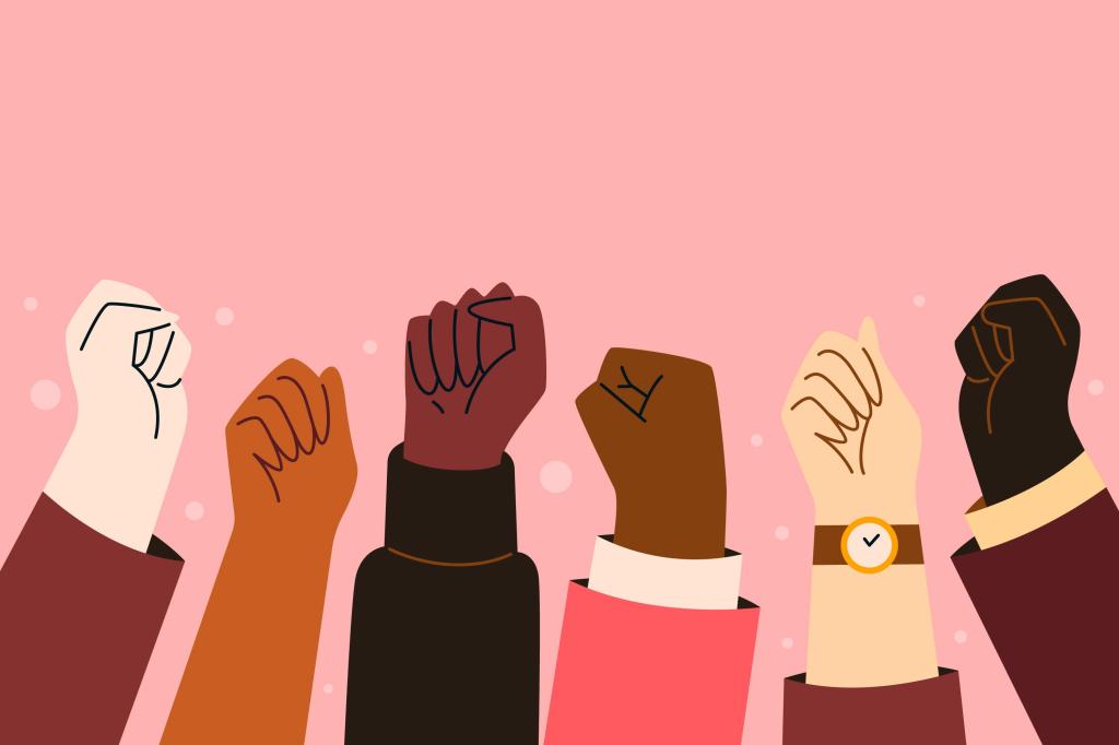 Illustration de poings levés symbolisant solidarité, diversité et égalité.