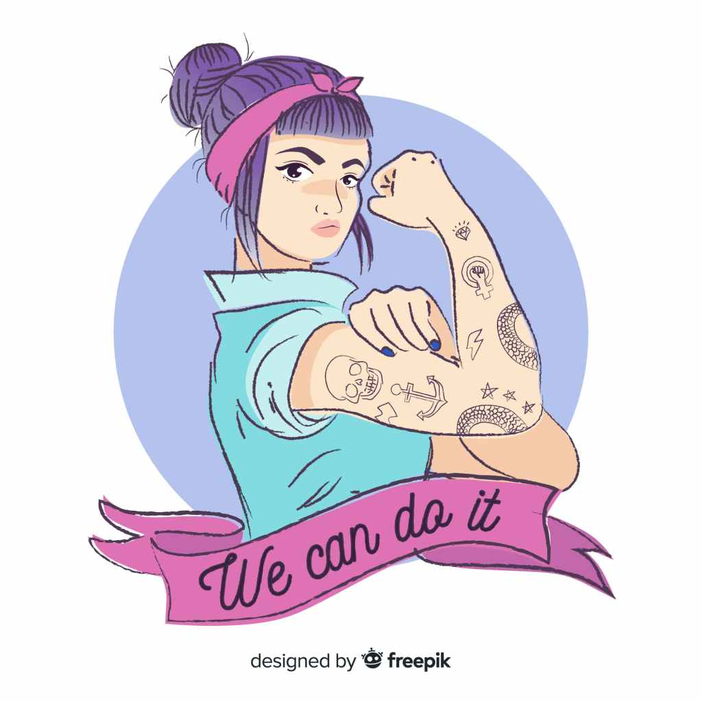 Illustration féministe inspirée de We Can Do It, avec personnage tatoué.