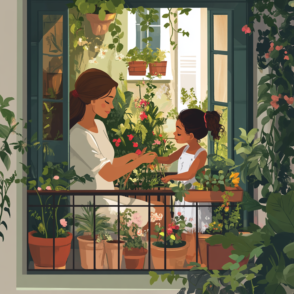 Mère et sa fille jardinant sur un balcon.