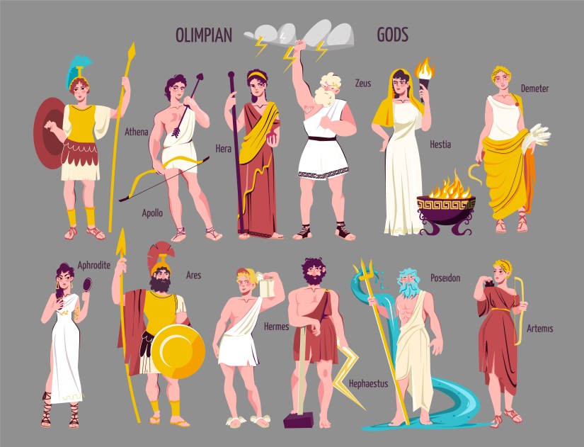 Olympian gods flat icon set with athena appolo hera zeus hestia demeter aphrodite ares 
hermes hephaestus poseidon artemis figures vector illustration

