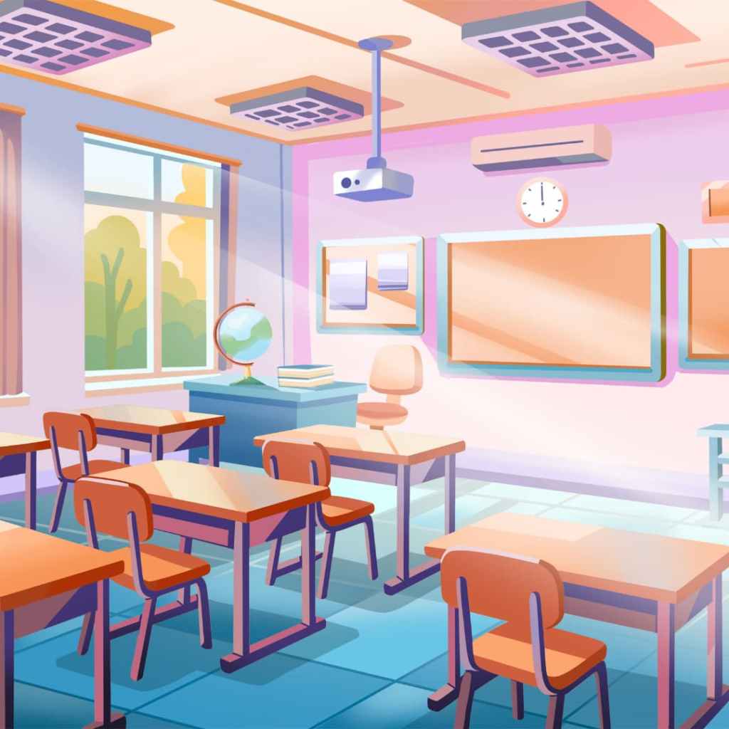 Salle de classe moderne avec bureaux, tableau et lumière naturelle.