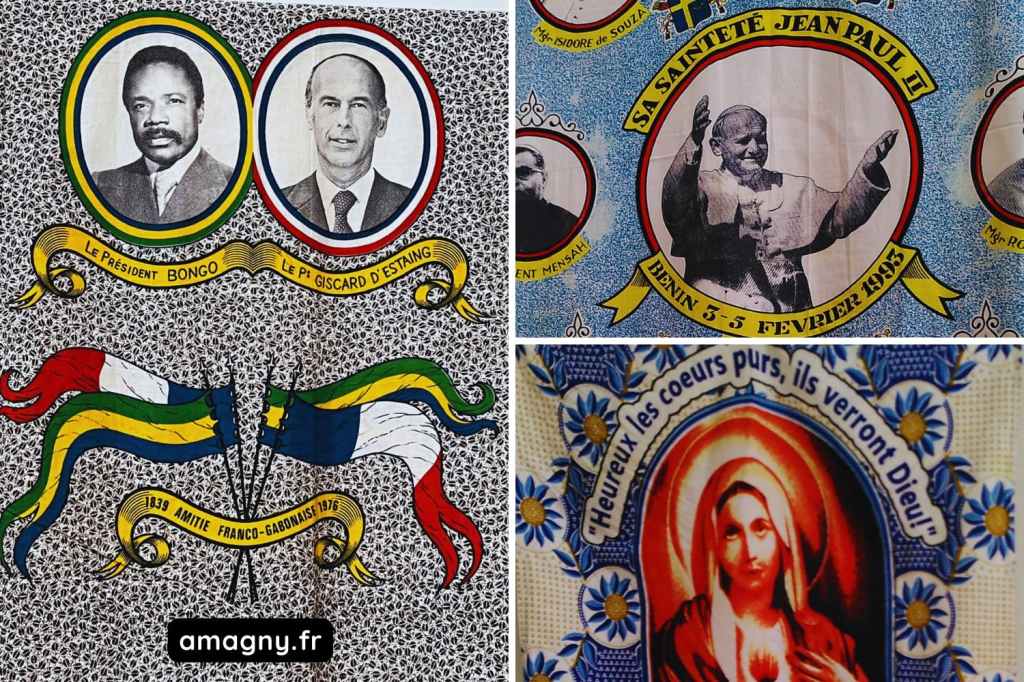 Collage de motifs wax reprĂ©sentant le pape JeanâPaul II et ValĂ©ry Giscard dâEstaing.