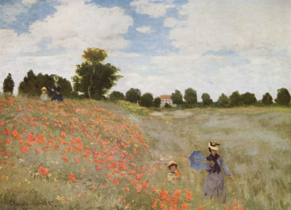 Peinture impressionniste représentant un champ de coquelicots avec deux silhouettes marchant.