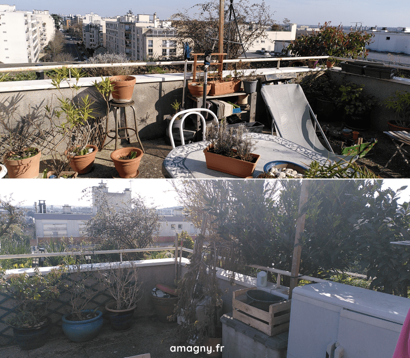 Vue de la terrasse à la fin de l'hiver.