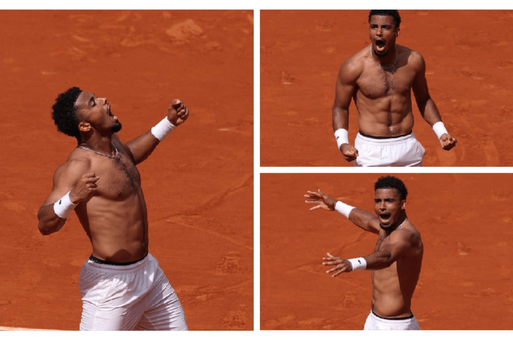 Arthur Fils torse nu célébrant sa victoire sur terre battue avec plusieurs expressions de joie.