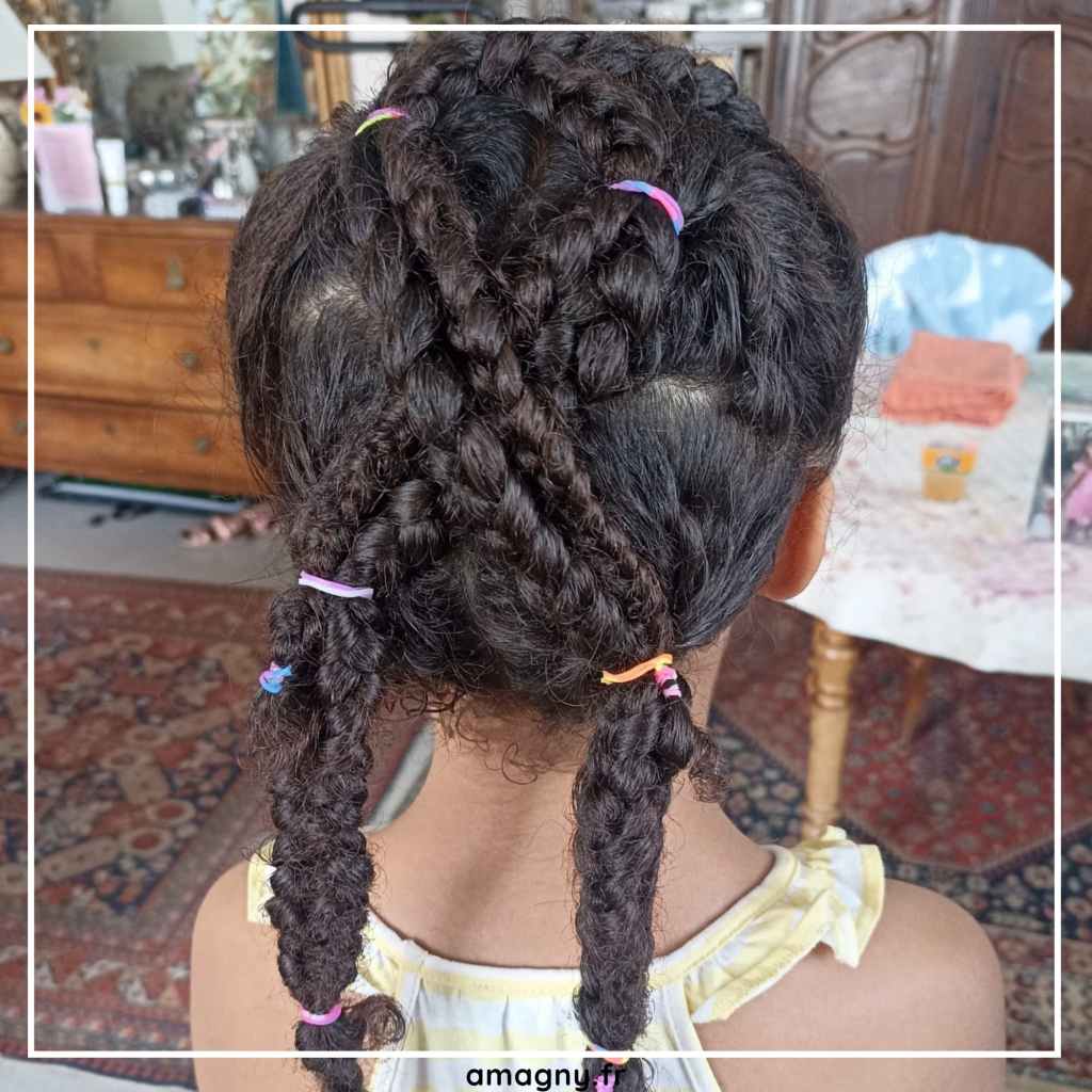 Coiffure de petite fille avec des nattes afro croisées retenues par des élastiques colorés.