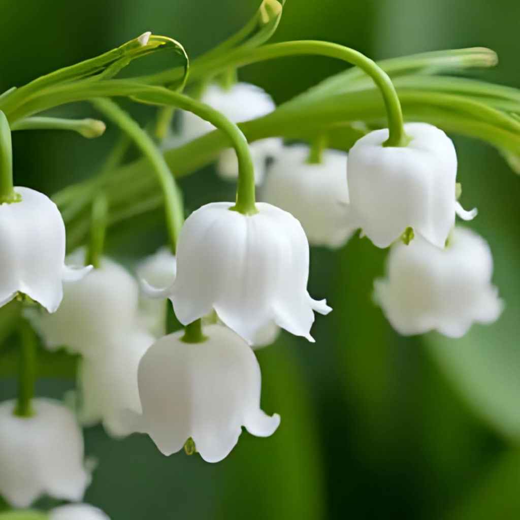Gros plan sur des clochettes blanches de muguet avec un fond vert flou.