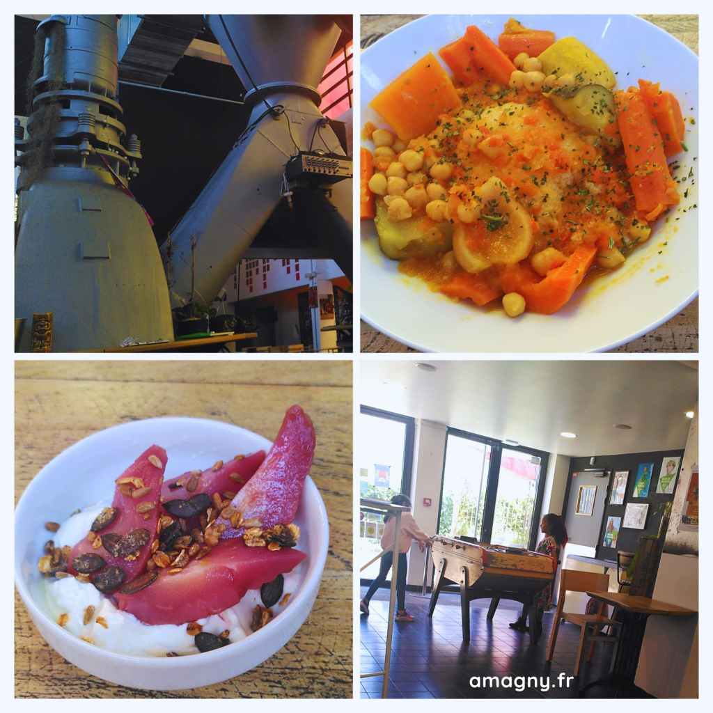 Collage du restaurant Les Machines à Chùtenay-Malabry : déco industrielle, plat de légumes, dessert aux poires et espace baby-foot.