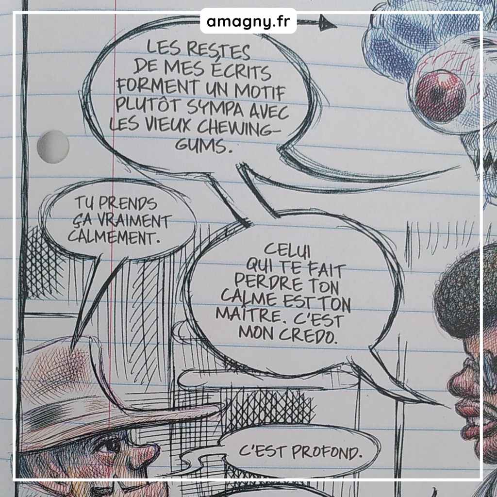 Case de la BD Ce que j’aime, c’est les monstres montrant un dialogue manuscrit sur le calme et la maîtrise de soi.