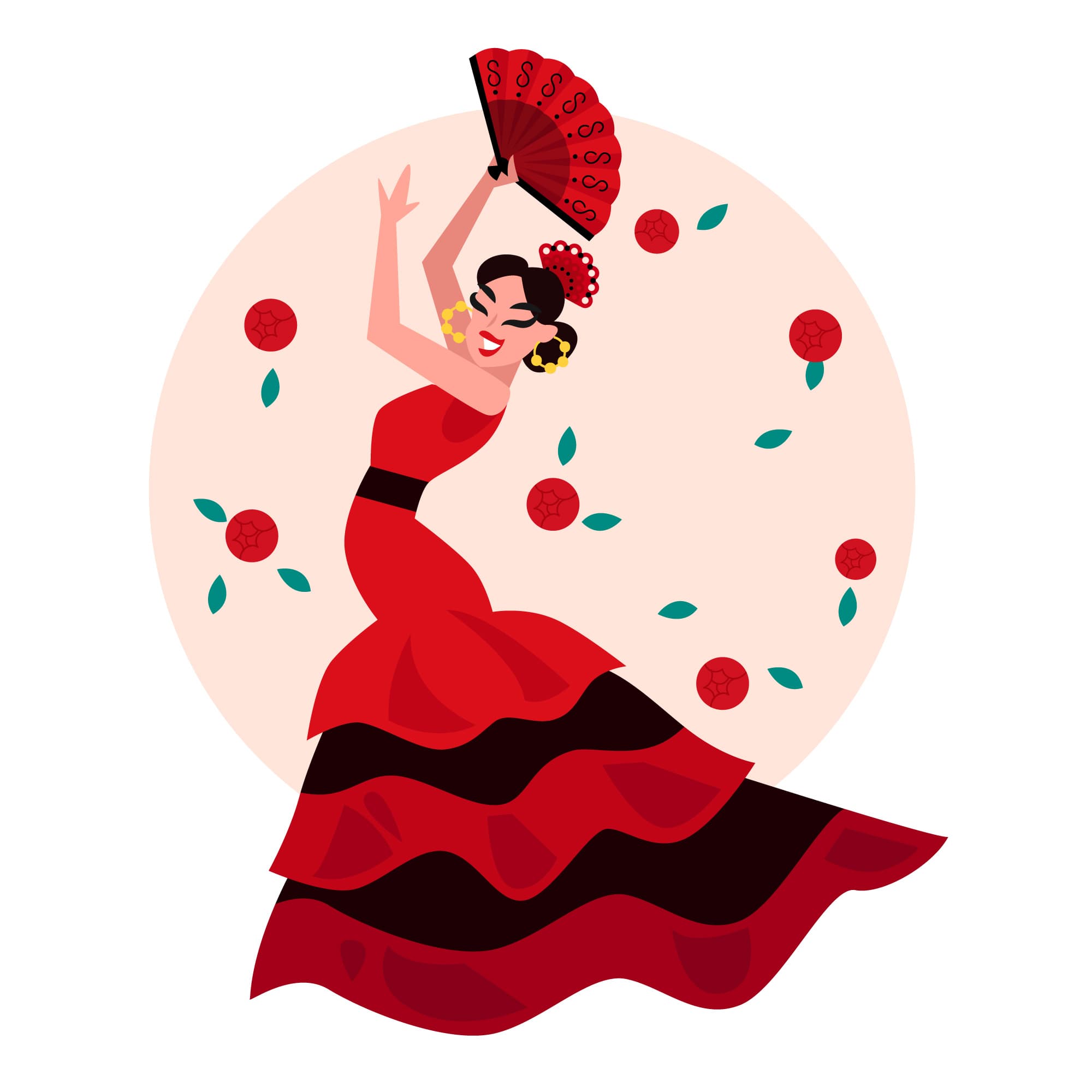 Danseuse de flamenco en robe rouge agitant un éventail entourée de fleurs stylisées.