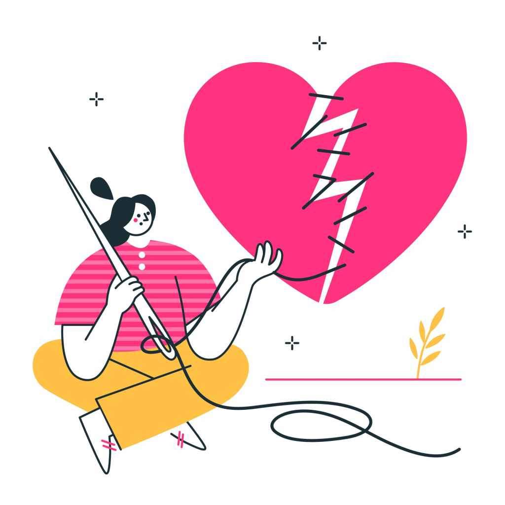 Femme assise recousant un cœur brisé rose avec une grande aiguille pour symboliser la guérison émotionnelle.