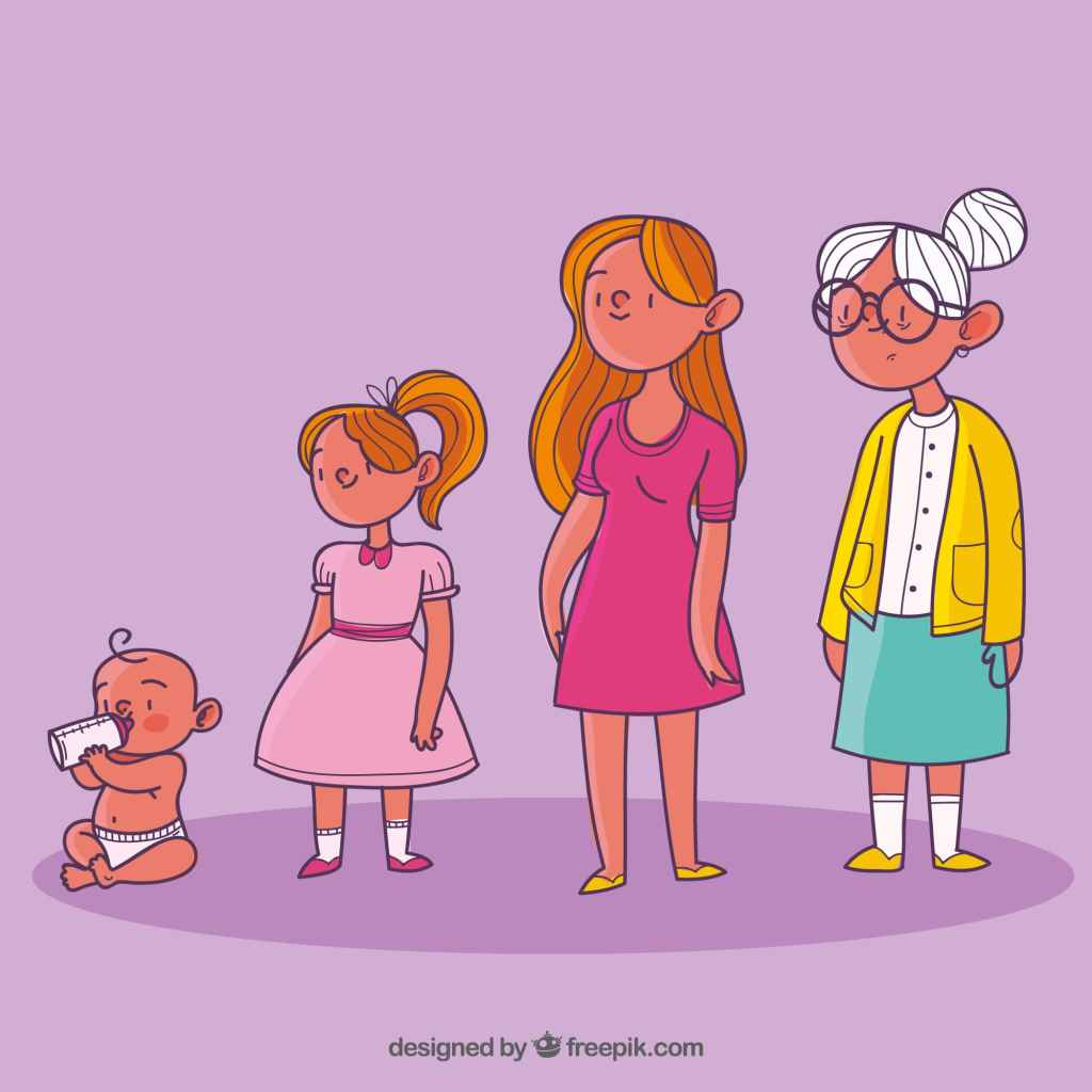 Illustration montrant un bébé, une fillette, une femme adulte et une grand-mère alignées sur fond violet pour représenter les âges de la vie.