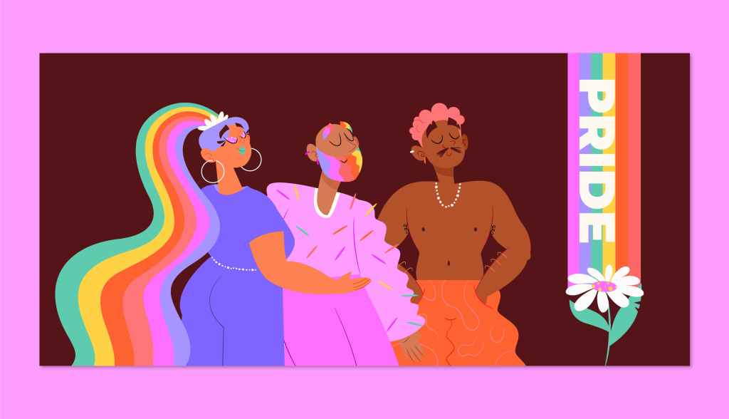 Illustration de trois personnes aux styles colorés avec un bandeau arc‑en‑ciel portant l’inscription PRIDE.