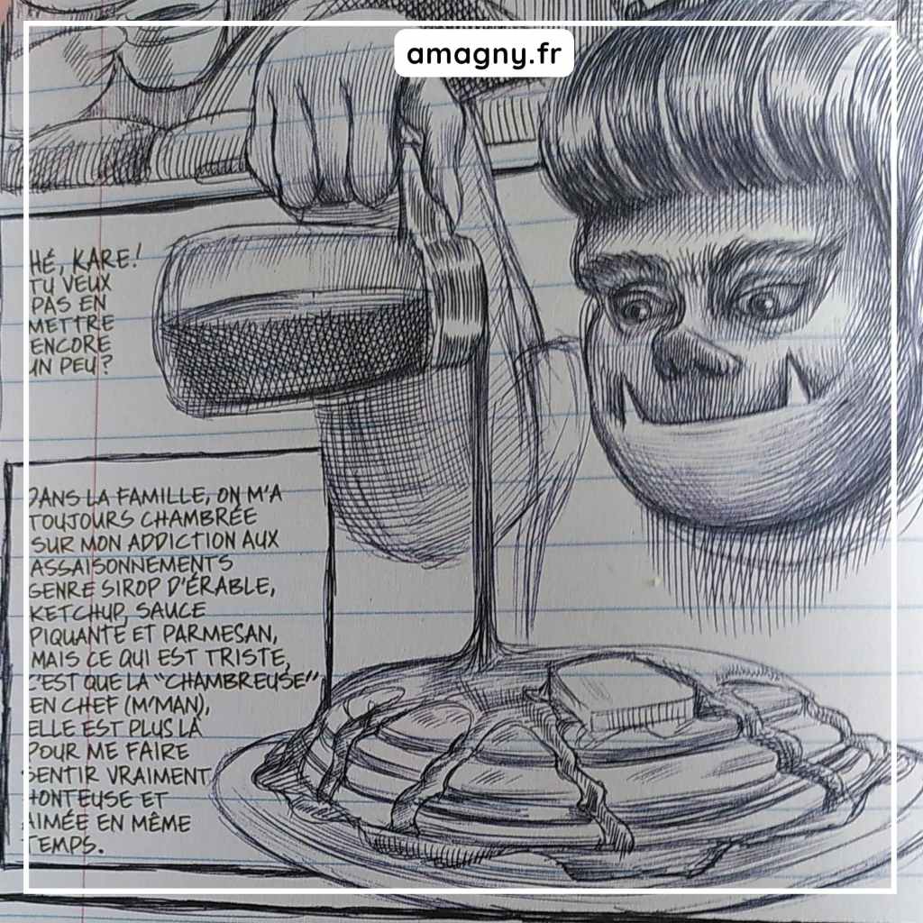Page de la BD Ce que j’aime, c’est les monstres avec dessin d’un personnage versant du sirop sur des gaufres et texte manuscrit.